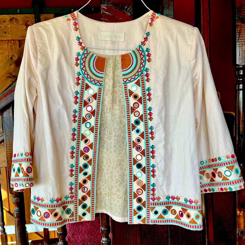 Exquisite mirror embroidery artisanal short jacket. Like new ethical luxury!